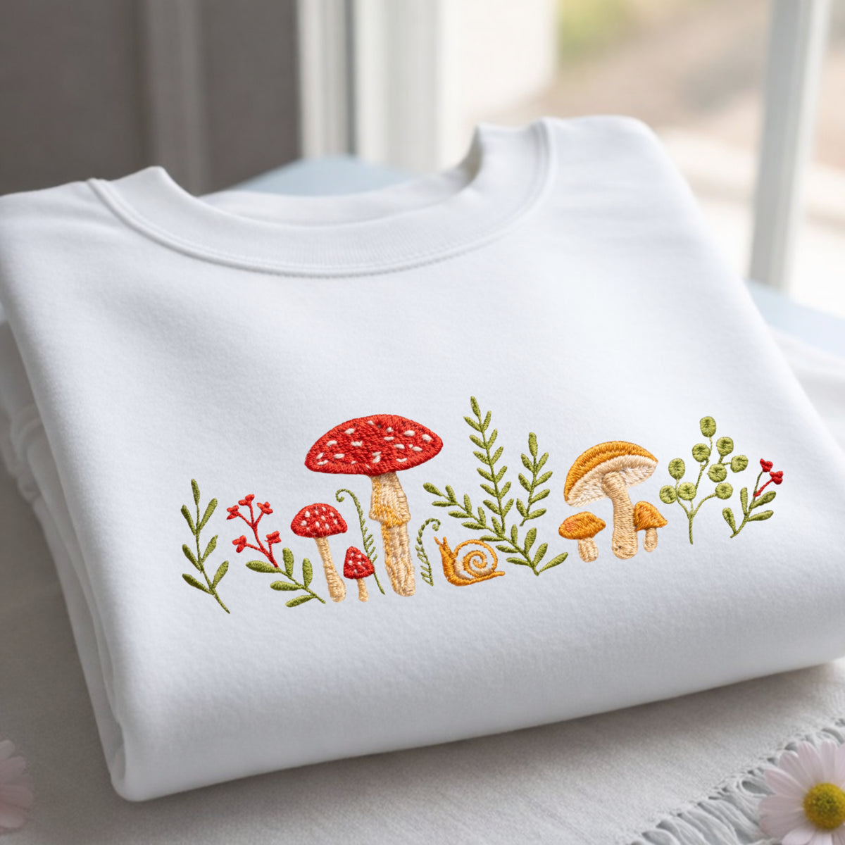Cottagecore Mushroom Snail Wildflower Botanical Dainty embroidered sweatshirt — front view