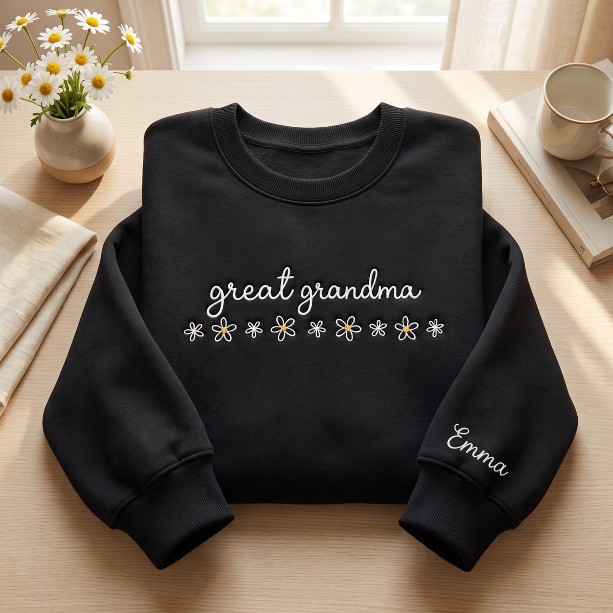 Personalized Great Grandma Daisy Flowers Custom Name embroidered sweatshirt — front view