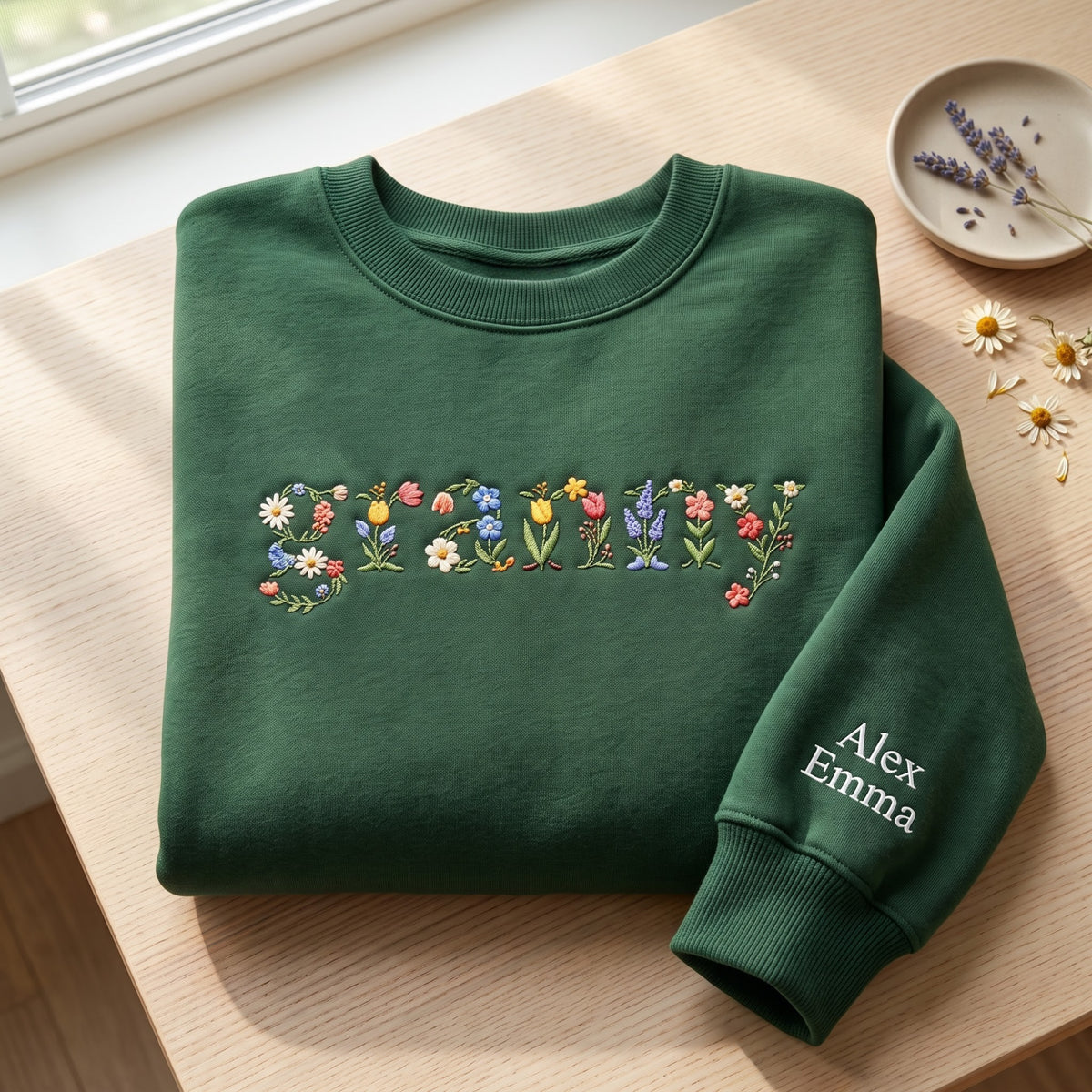 Personalized Grammy Wildflower Floral Letters Kids Names on Sleeve embroidered sweatshirt — front view