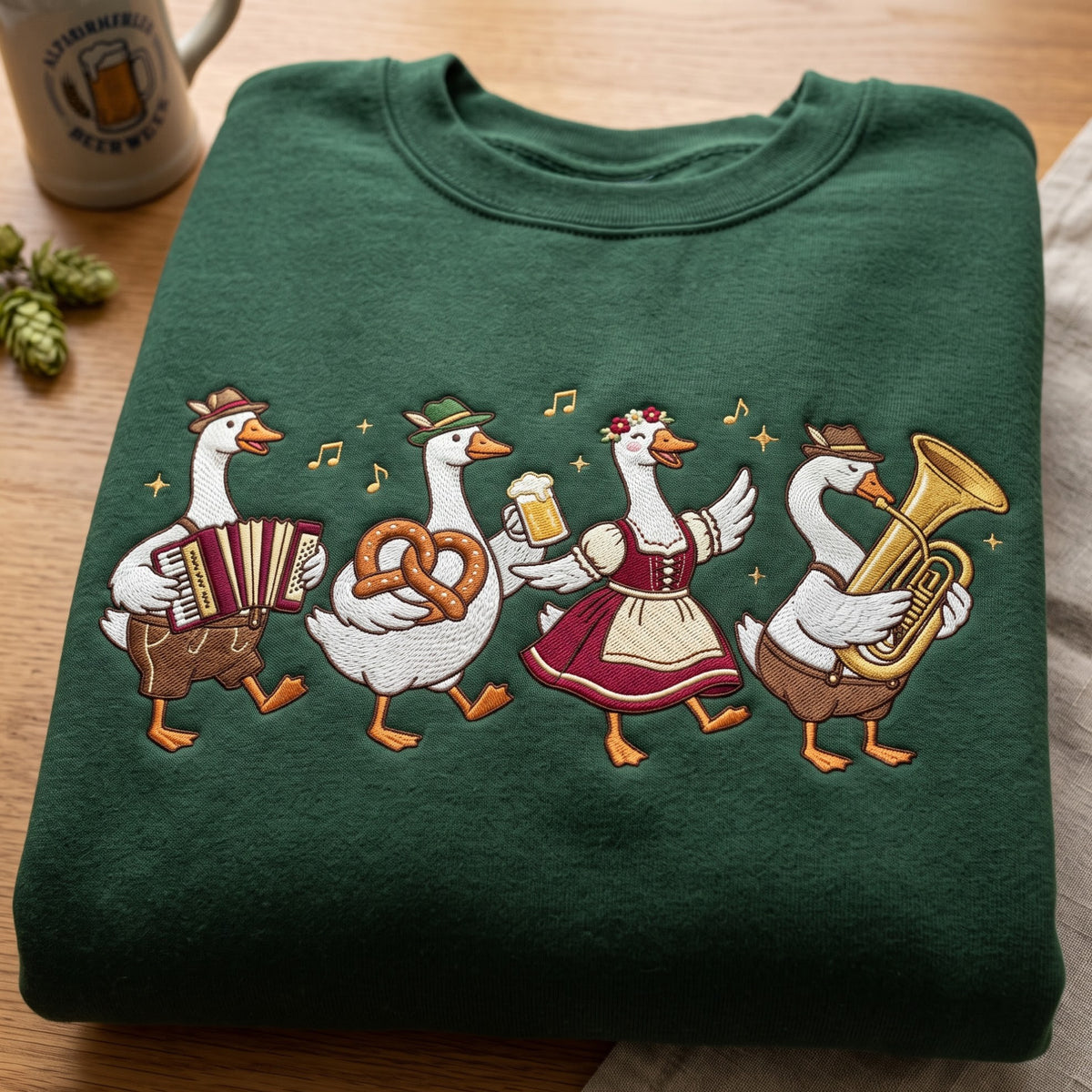 Oktoberfest Geese Accordion Pretzel Beer Dirndl Tuba Music embroidered sweatshirt — front view