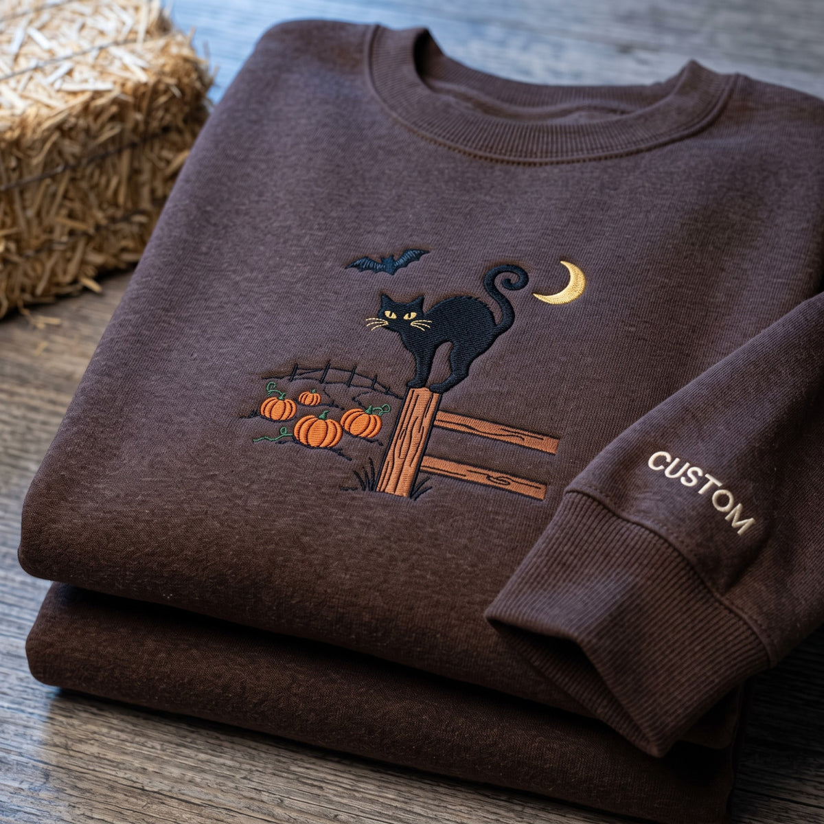 Personalized Halloween Black Cat Fence Pumpkins Bat Crescent Moon embroidered sweatshirt — front view