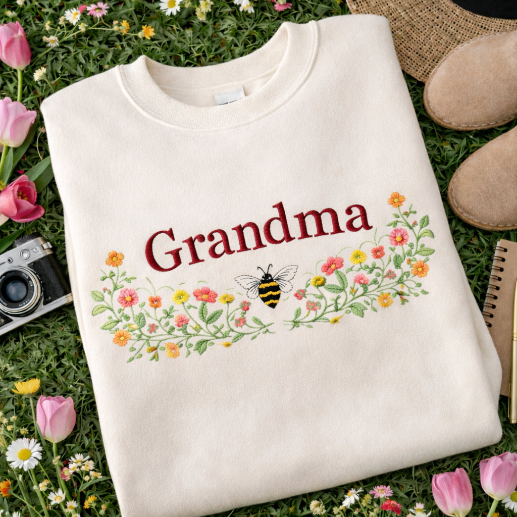 Personalized Grandma Wildflower Meadow Bumblebee Floral embroidered sweatshirt — front view