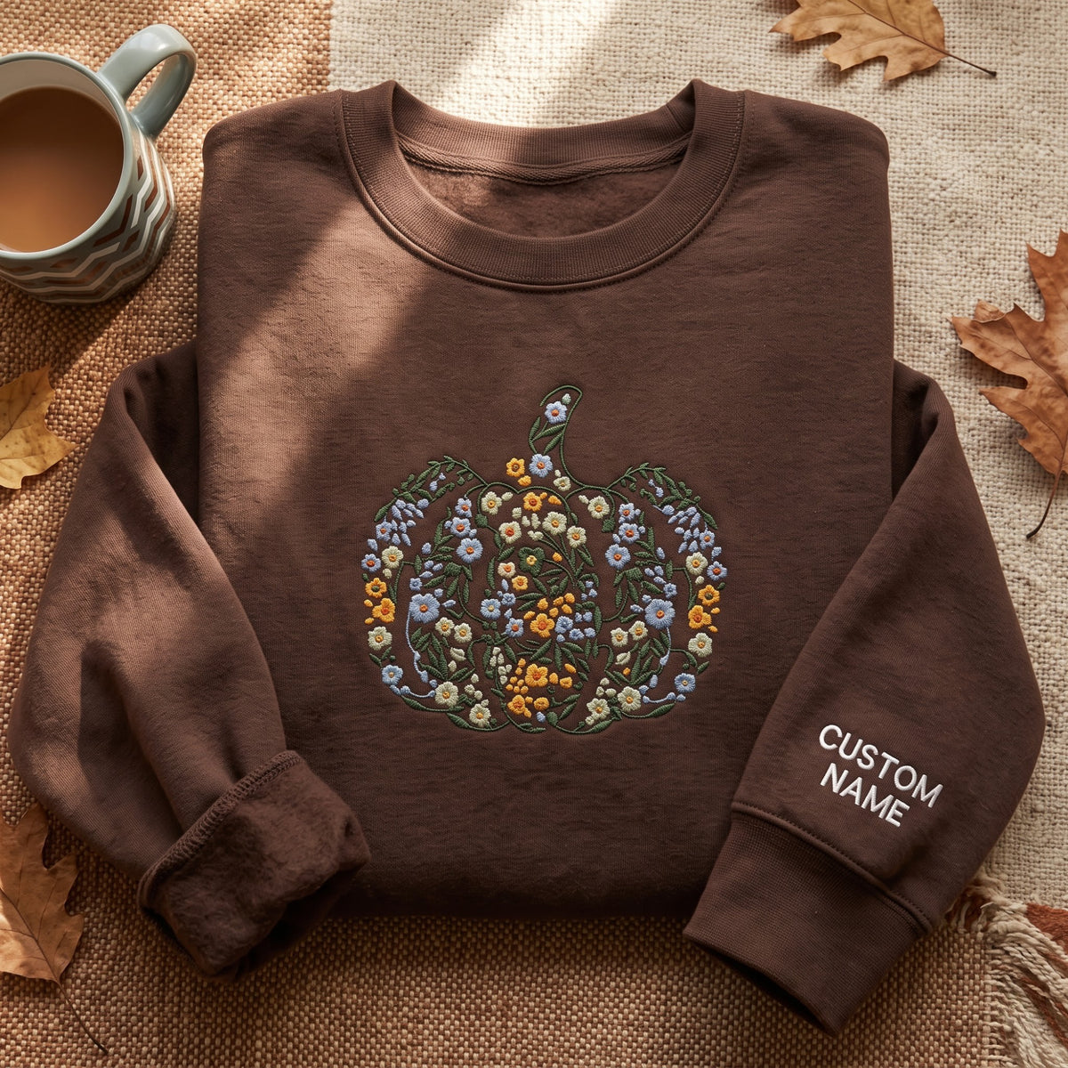 Personalized Floral Pumpkin Wildflower Botanical Fall Custom Name Sleeve embroidered sweatshirt — front view