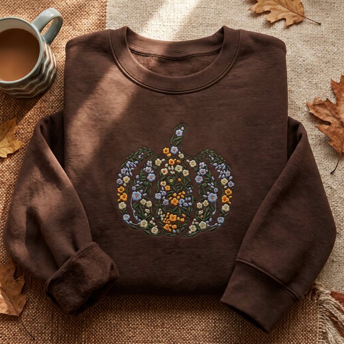Personalized Floral Pumpkin Wildflower Botanical Fall Custom Name Sleeve Embroidered Sweatshirt
