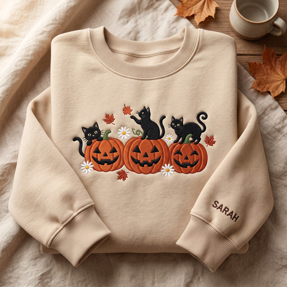 Personalized Halloween Black Cats Three Jack-O-Lantern Pumpkins Daisies Maple Leaves embroidered sweatshirt — front view