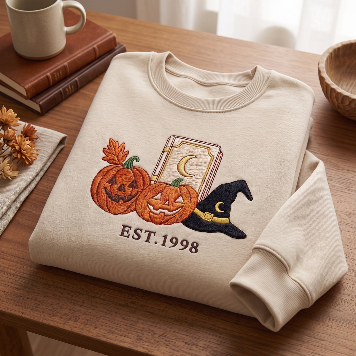 Personalized Halloween Jack-O-Lantern Witch Hat Spell Book EST Year embroidered sweatshirt — front view