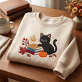 Black Cat Autumn Books Pumpkin Mushroom Fall Leaves embroidered sweatshirt — front view