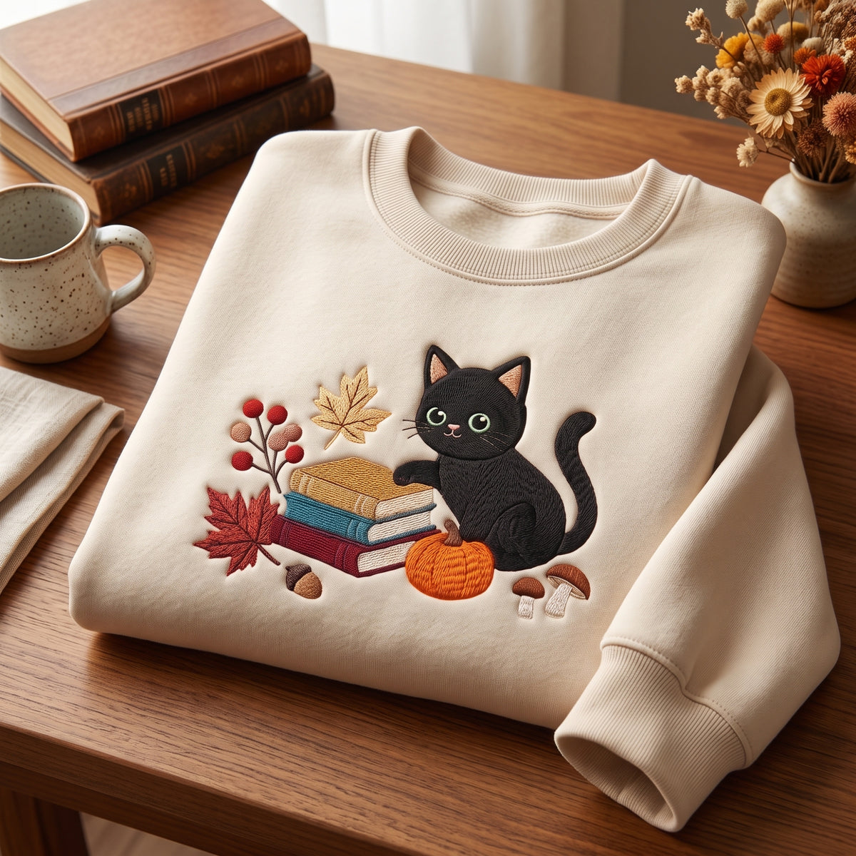 Black Cat Autumn Books Pumpkin Mushroom Fall Leaves embroidered sweatshirt — front view