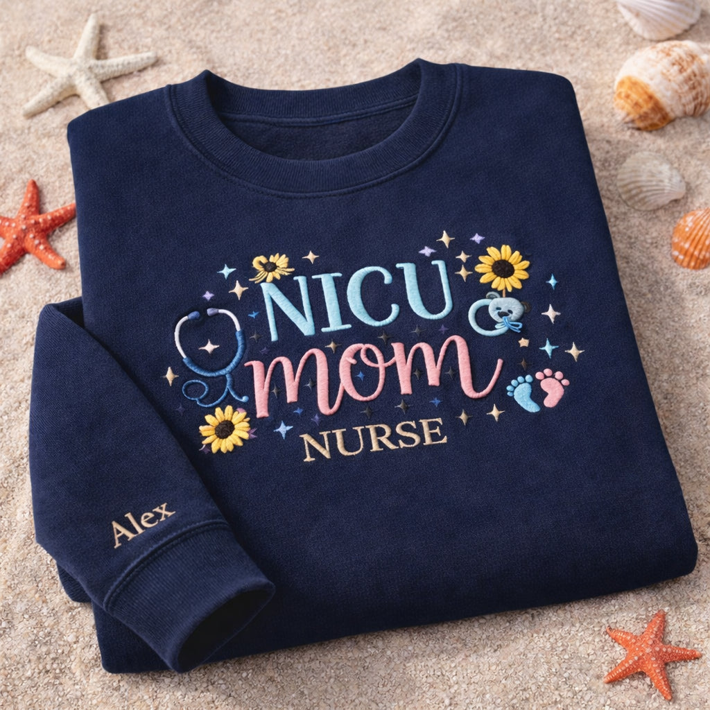 Personalized NICU Mom Nurse Stethoscope Sunflower Baby Bear Footprint embroidered sweatshirt — front view
