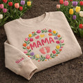 Personalized Mama Tulip Floral Wreath Baby Footprint Hearts embroidered sweatshirt — front view