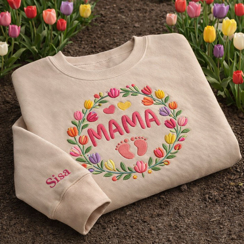 Personalized Mama Tulip Floral Wreath Baby Footprint Hearts embroidered sweatshirt — front view