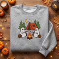 Halloween Two Ghosts Campfire Marshmallow Tent Forest Moon Stars embroidered sweatshirt — front view