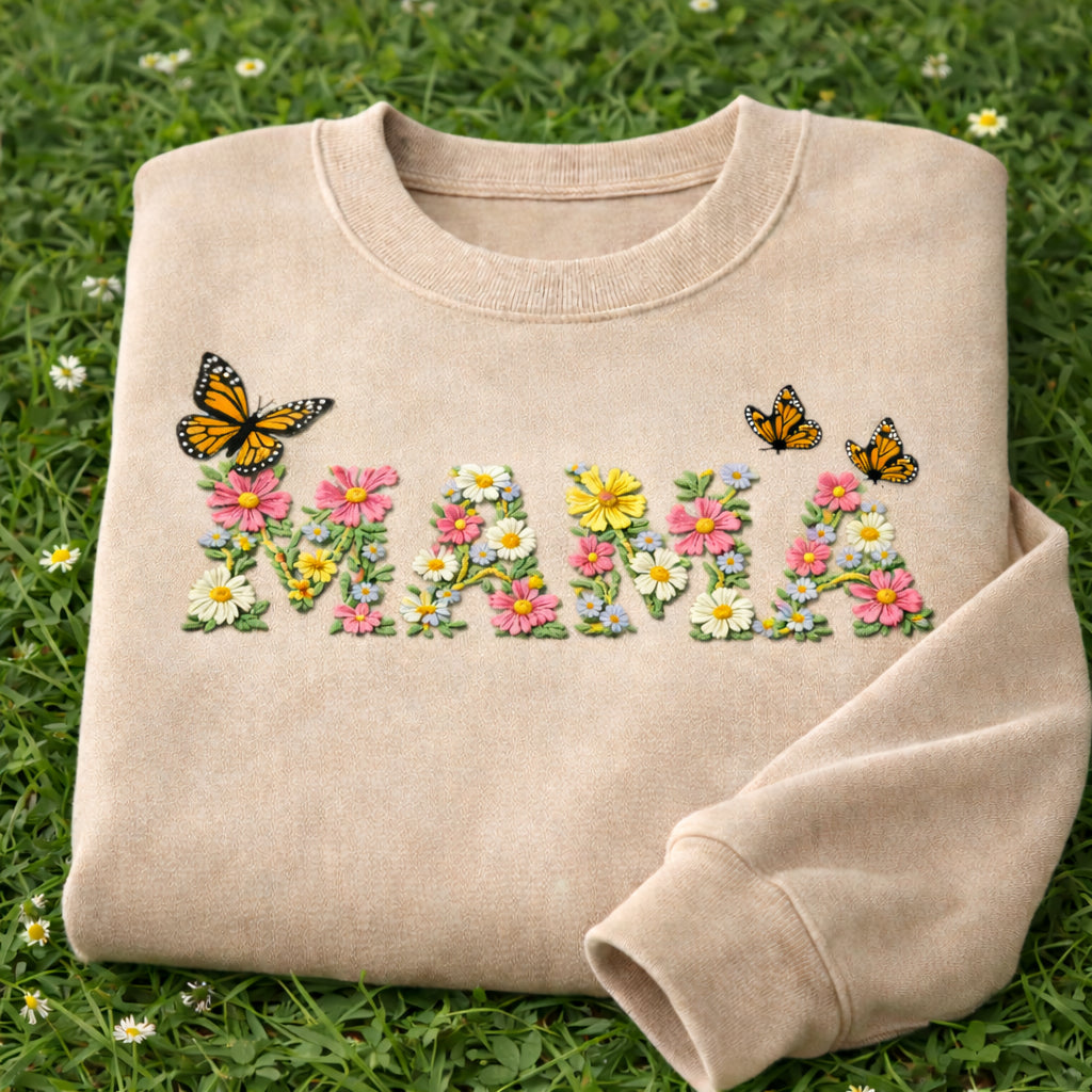 Mama Wildflower Floral Letter Monarch Butterfly Spring embroidered sweatshirt — front view