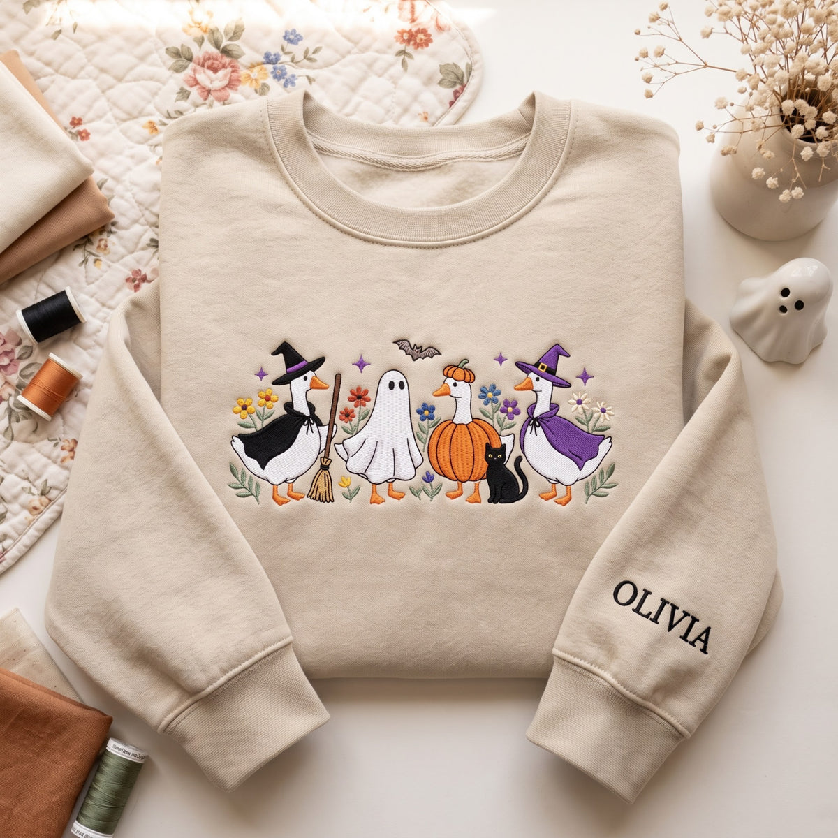 Personalized Halloween Witch Ghost Goose Pumpkin Black Cat Floral embroidered sweatshirt — front view