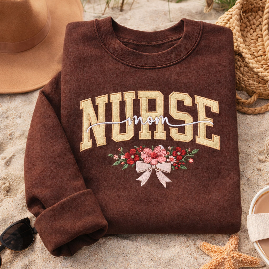 Nurse Mom Floral Bouquet Coquette Bow Varsity embroidered sweatshirt — front view