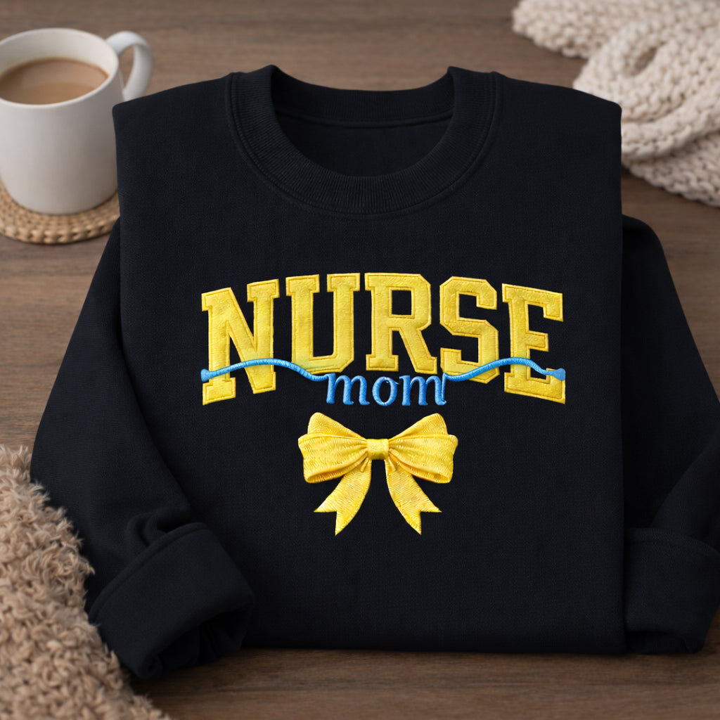 Nurse Mom Stethoscope Coquette Bow Varsity embroidered sweatshirt — front view