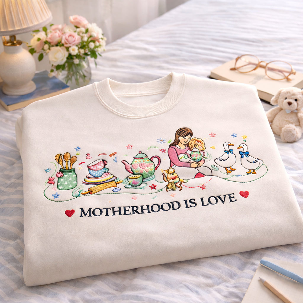 Motherhood Is Love Mom Holding Baby Geese Kitchen embroidered sweatshirt — front view