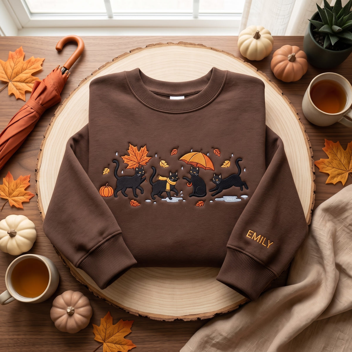 Personalized Autumn Black Cats Rainy Day Falling Leaves Pumpkin embroidered sweatshirt — front view
