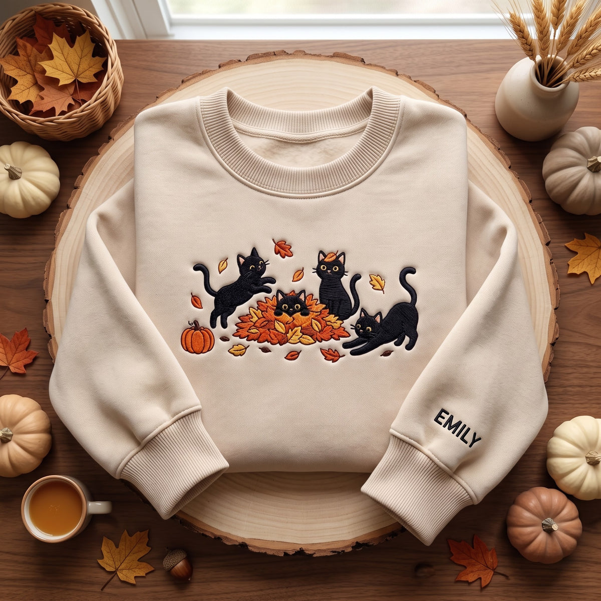 Personalized Autumn Black Cats Playing Leaf Pile Pumpkin embroidered sweatshirt — front view