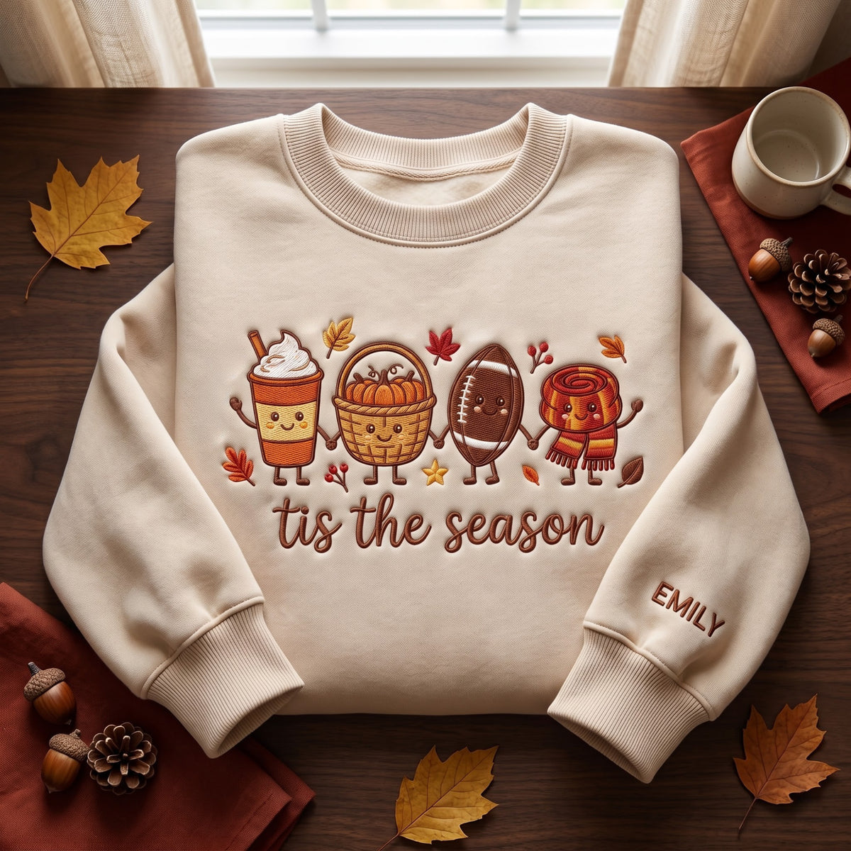 Personalized Tis the Season Fall Pumpkin Latte Football Cinnamon Roll Kawaii embroidered sweatshirt — front view