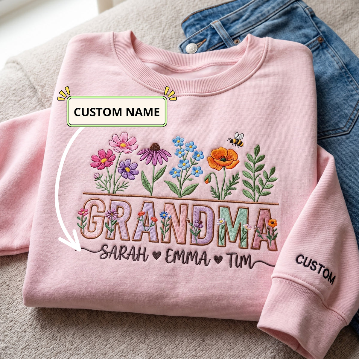 Personalized Grandma Wildflower Garden Kids Names Sleeve embroidered sweatshirt — front view