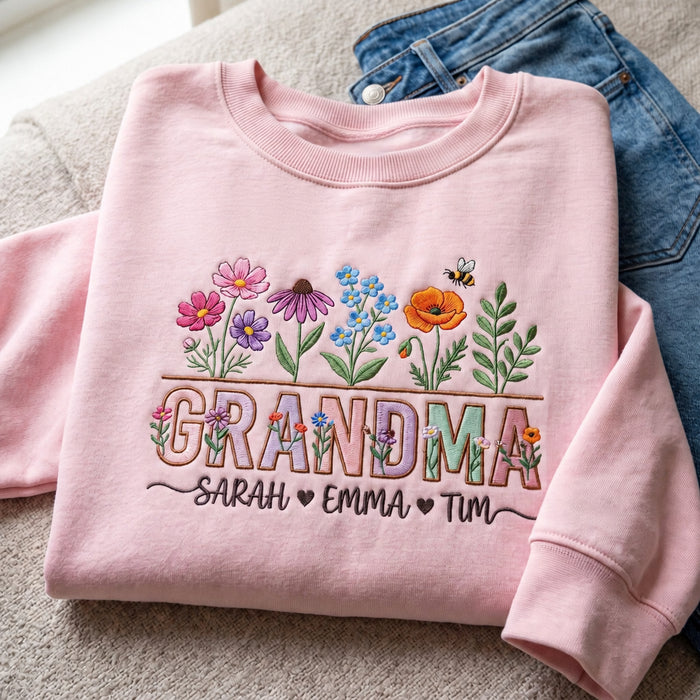 Personalized Grandma Wildflower Garden Kids Names Sleeve Embroidered Sweatshirt