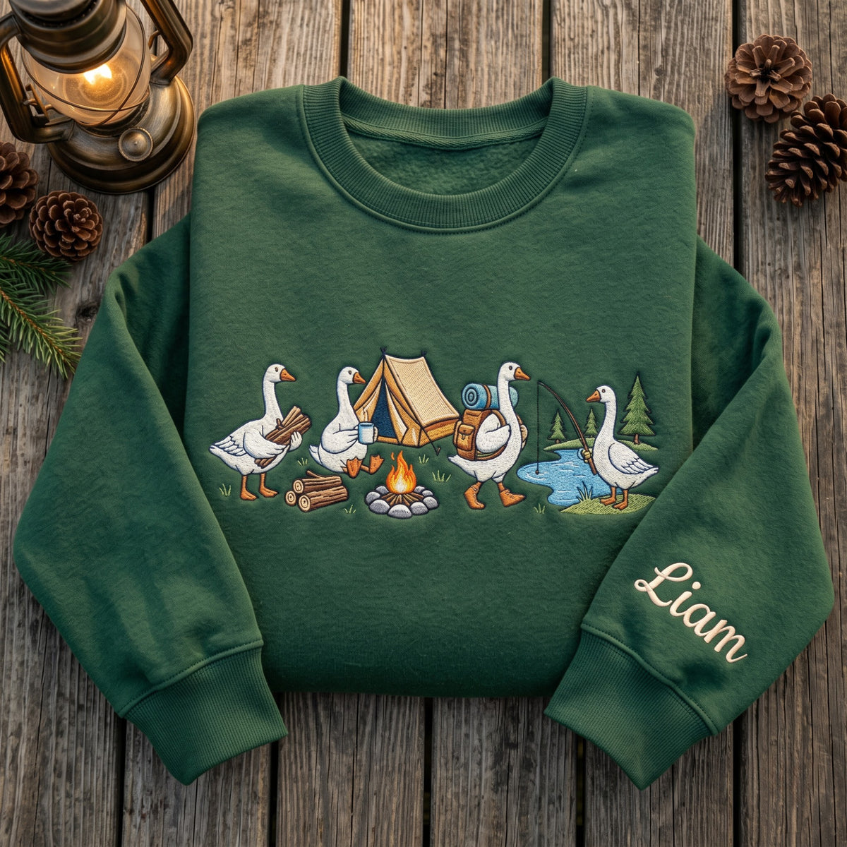 Personalized Camping Geese Campfire Tent Fishing embroidered sweatshirt — front view