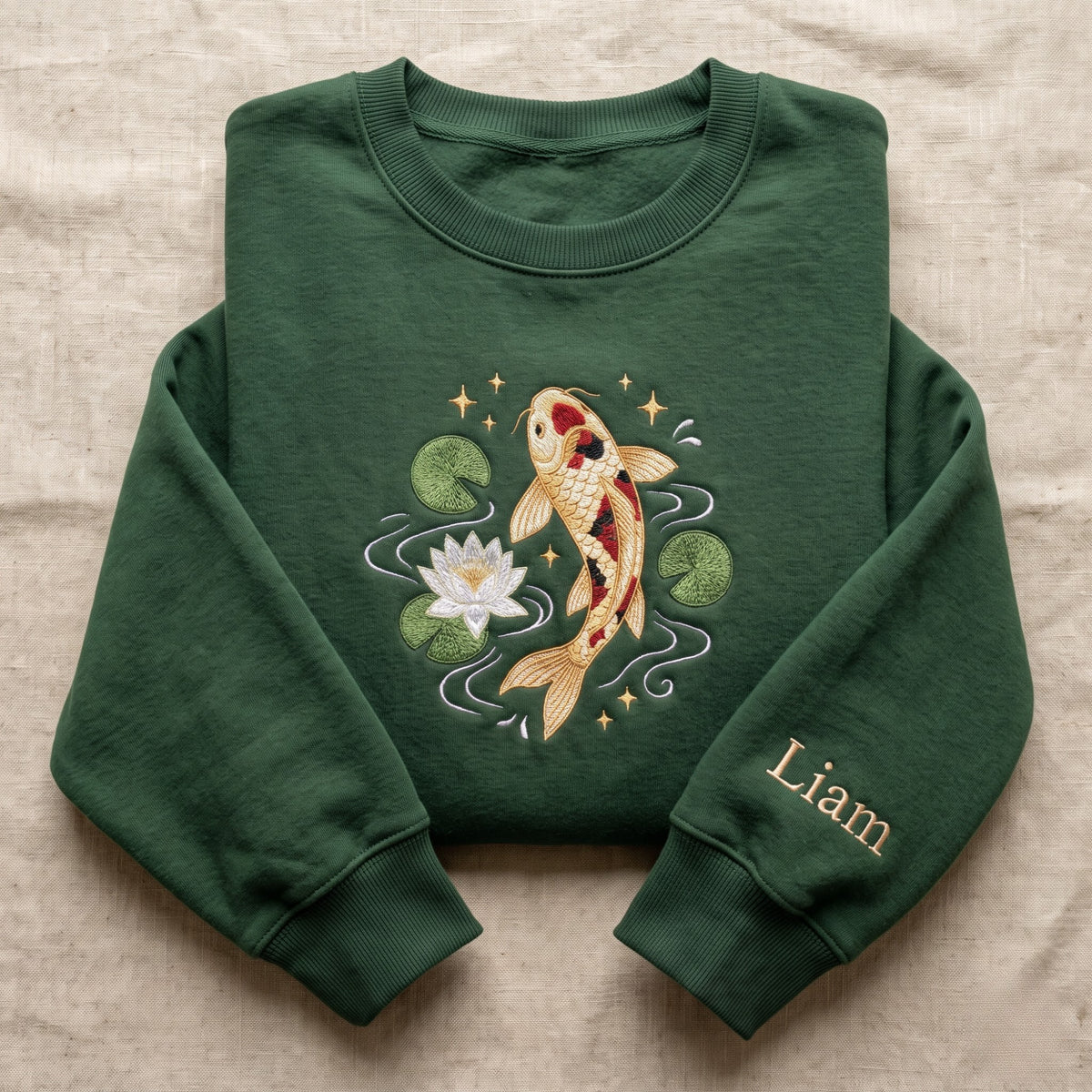 Personalized Koi Fish Lotus Water Lily Lily Pad Stars Japanese Pond embroidered sweatshirt — front view