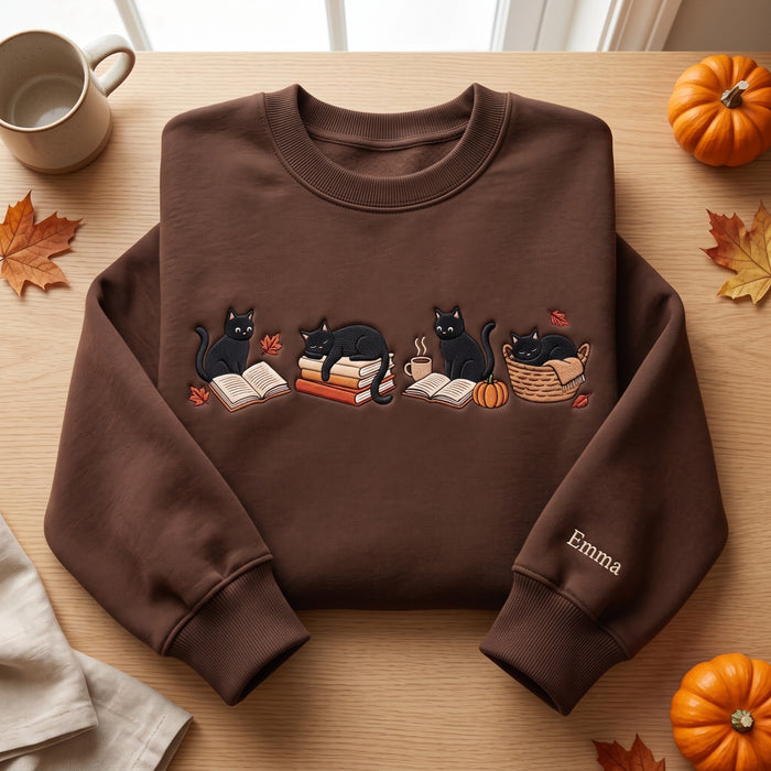 Personalized Fall Black Cats Books Cozy Autumn Reading Embroidered Sweatshirt