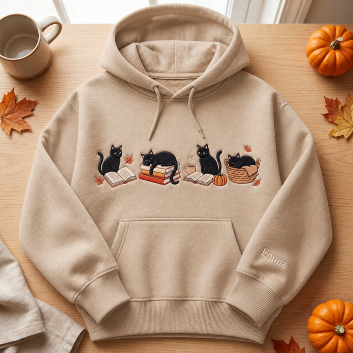Personalized Fall Black Cats Books Cozy Autumn Reading Embroidered Hoodie