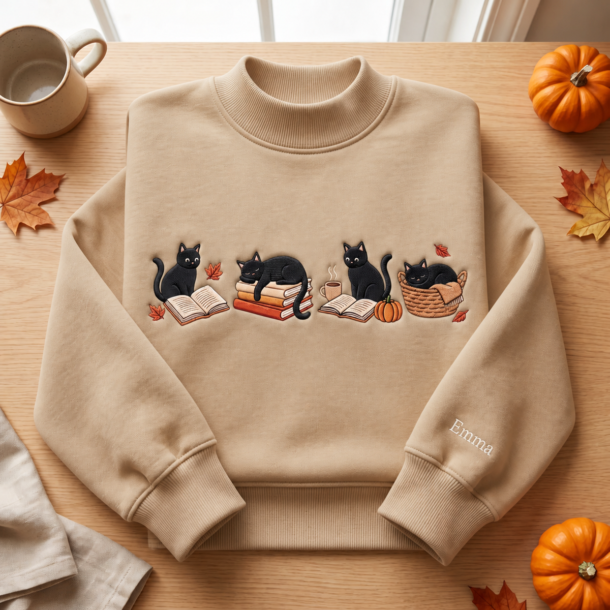 Personalized Fall Black Cats Books Cozy Autumn Reading Embroidered Mock Neck Sweatshirt