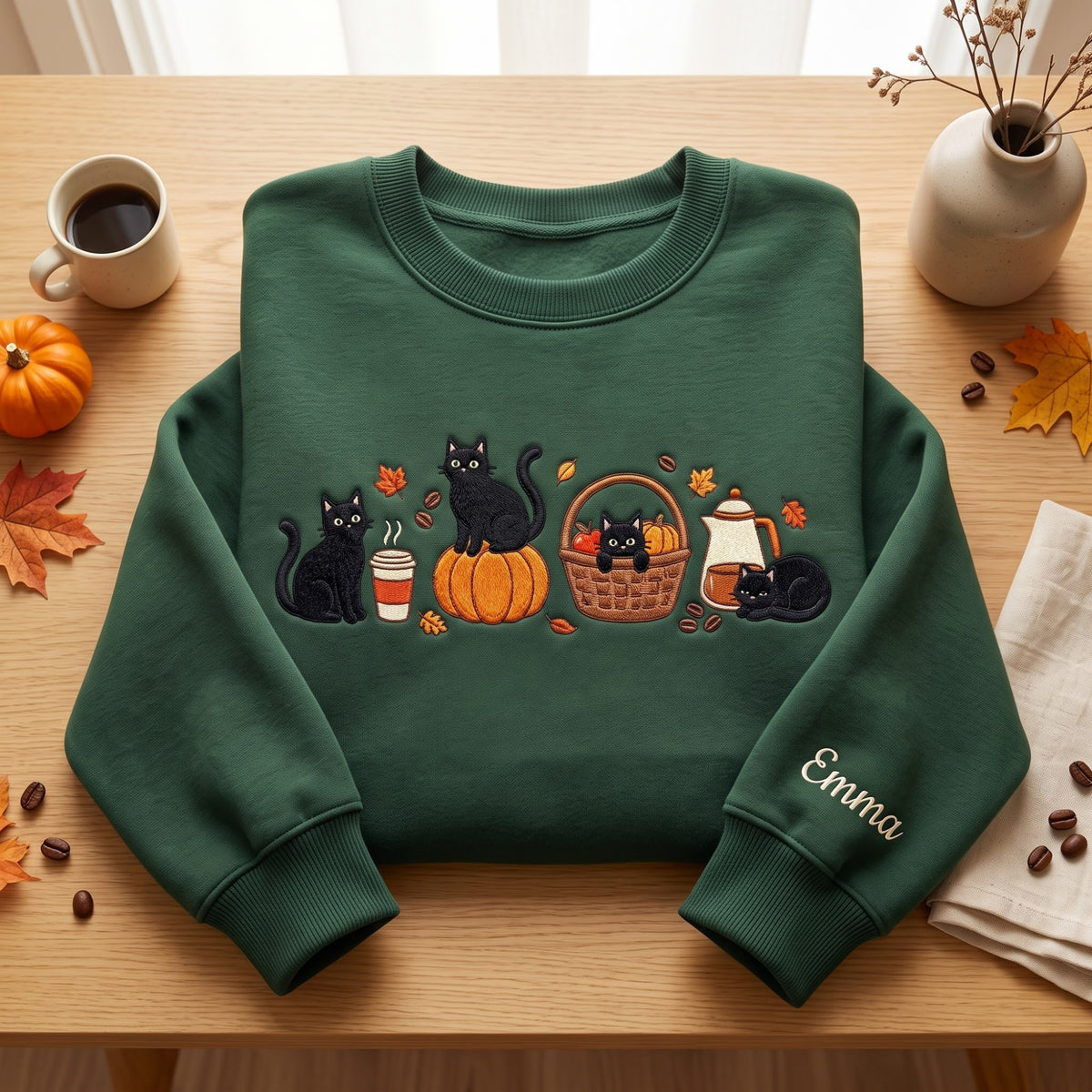 Personalized Fall Black Cats Pumpkin Coffee Basket Cozy Autumn embroidered sweatshirt — front view