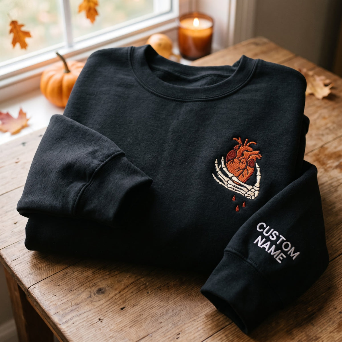 Personalized Skeleton Hand Anatomical Heart Halloween Left Chest embroidered sweatshirt — front view