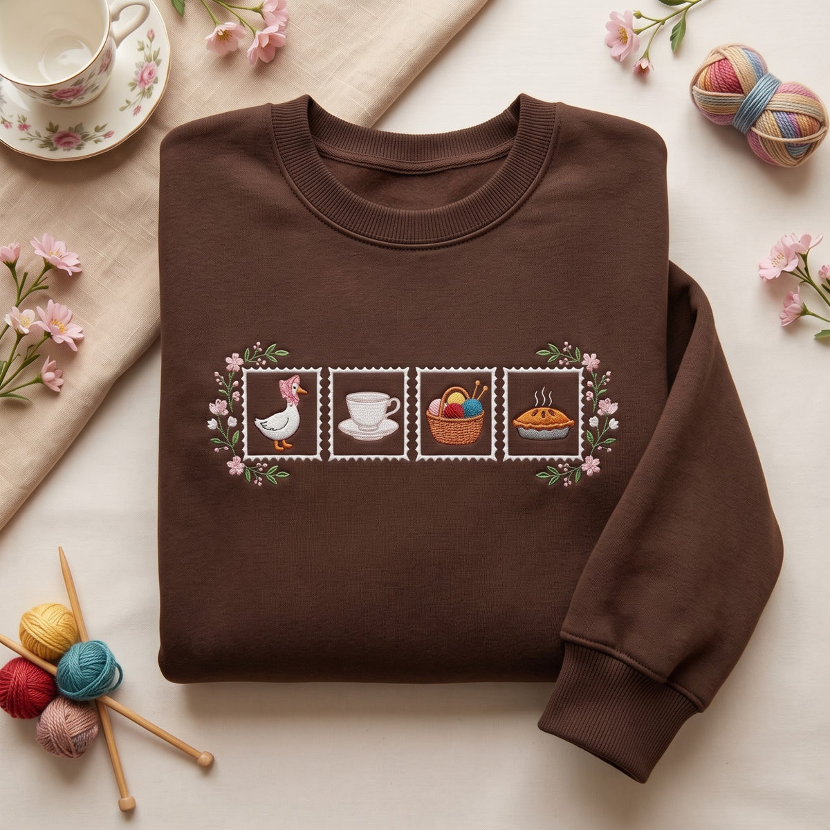 Cozy Cottage Goose Teacup Yarn Basket Pie Floral Stamp embroidered sweatshirt — front view