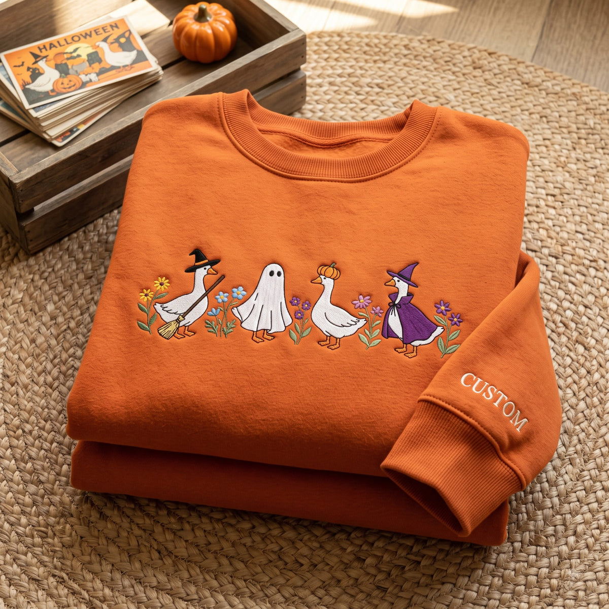 Personalized Halloween Costumed Geese Witch Ghost Pumpkin Wildflowers embroidered sweatshirt — front view