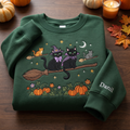 Personalized Halloween Black Cats Witch Broomstick Pumpkins Moon Stars embroidered sweatshirt — front view
