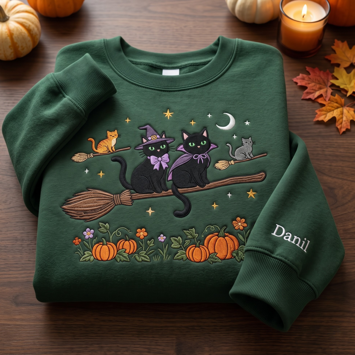 Personalized Halloween Black Cats Witch Broomstick Pumpkins Moon Stars embroidered sweatshirt — front view