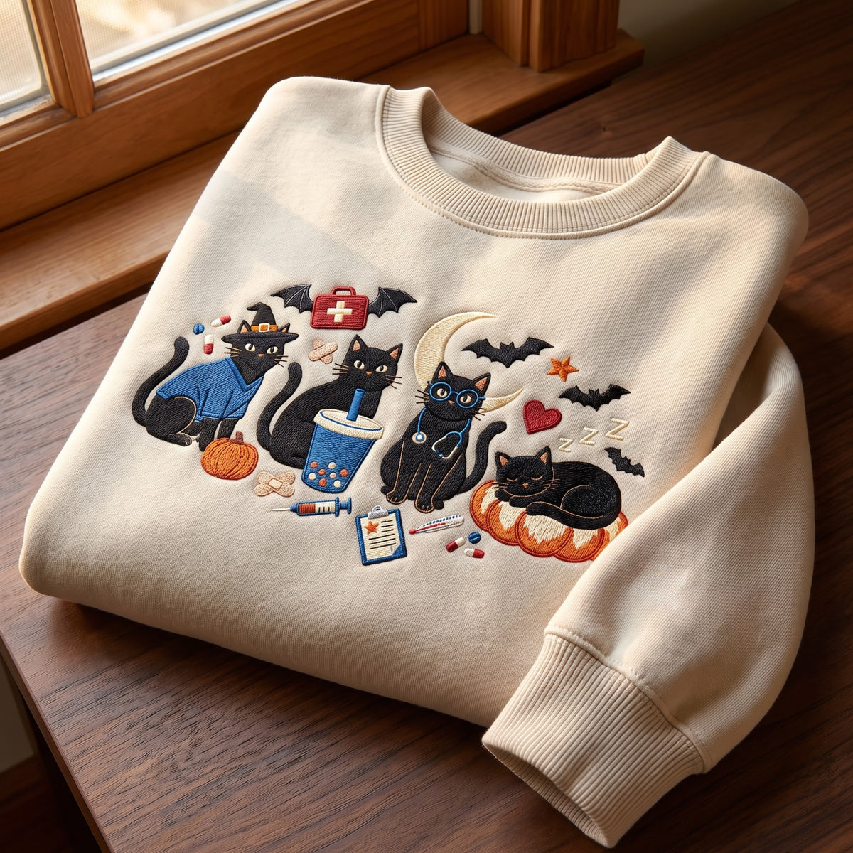 Halloween Black Cat Nurse Witch Hat Boba Stethoscope Pumpkin Bats embroidered sweatshirt — front view