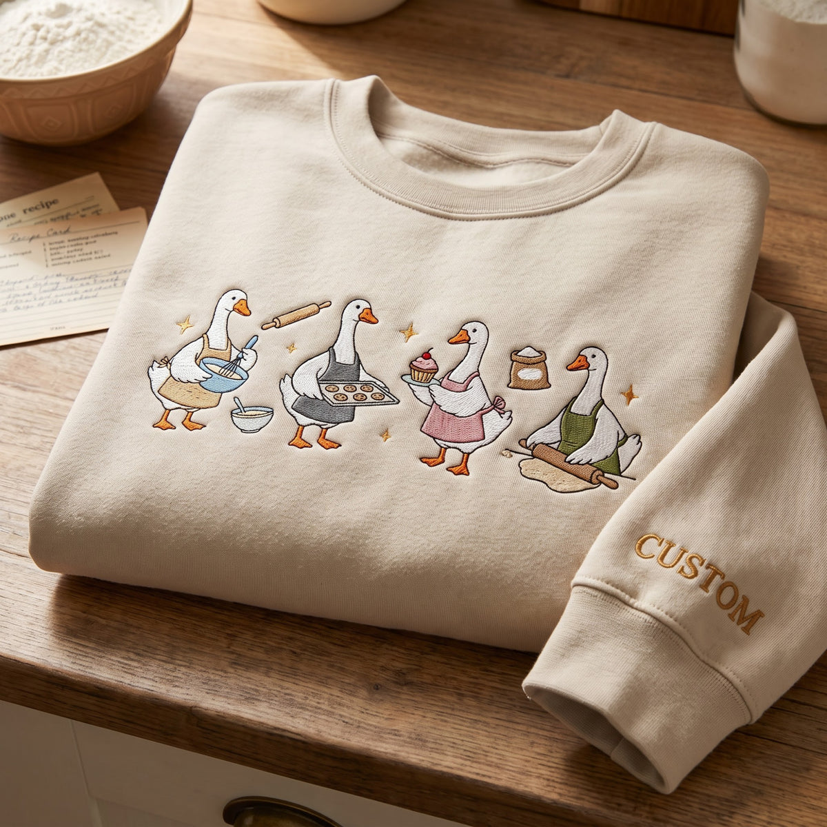 Personalized Baking Geese Four Baker Goose Whisk Rolling Pin Cupcake Flour embroidered sweatshirt — front view