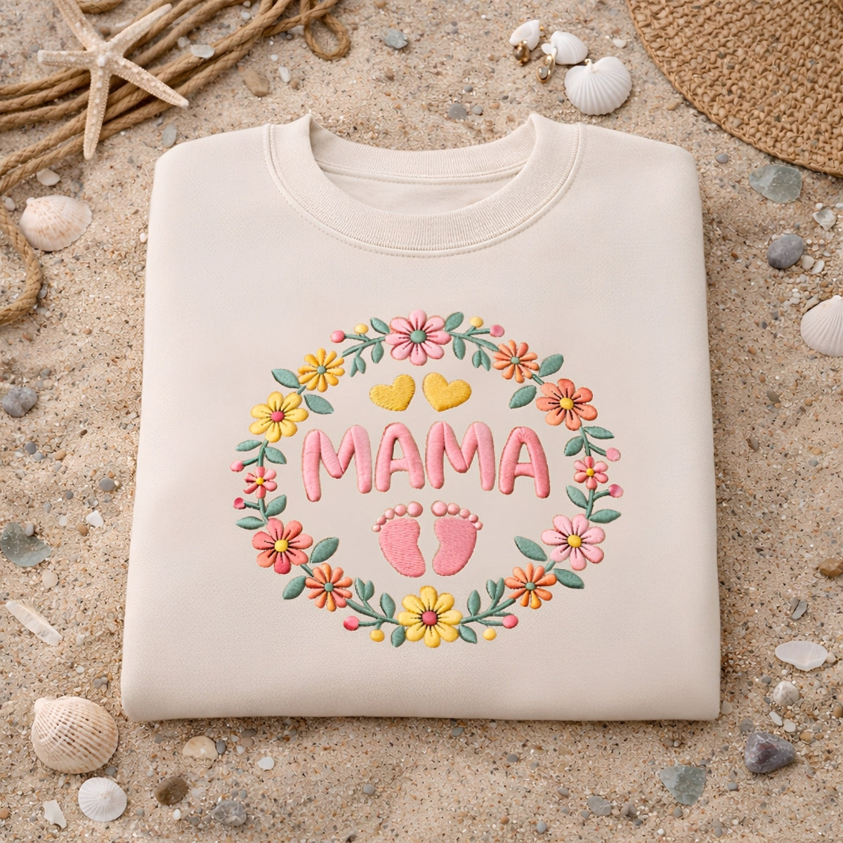 Mama Floral Wreath Baby Footprints Two Hearts embroidered sweatshirt — front view
