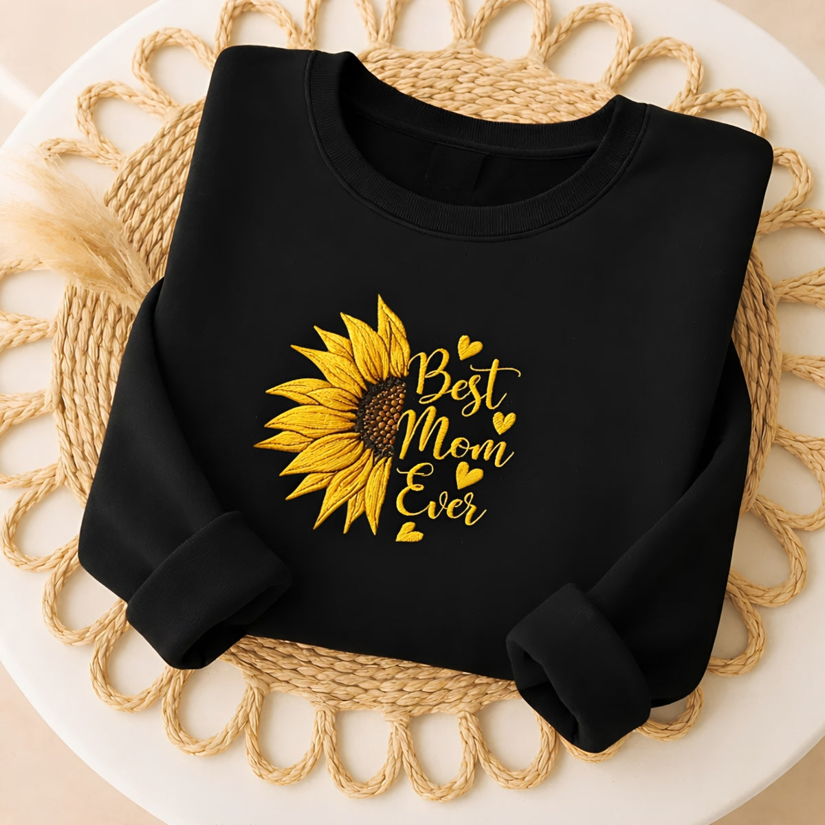 Best Mom Ever Sunflower Hearts embroidered sweatshirt — front view