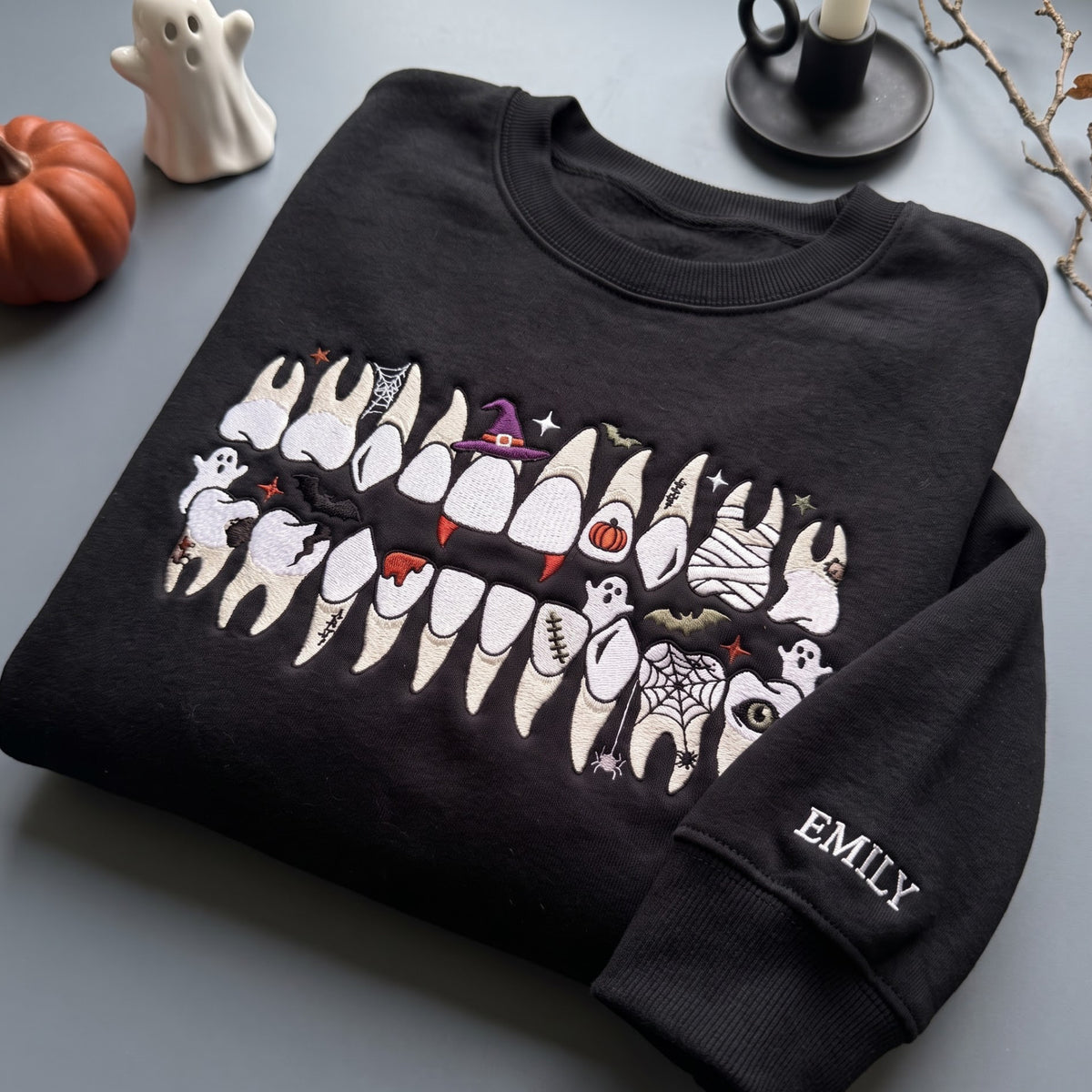 Personalized Halloween Ghost Teeth Gnome Vampire Mummy Witch Hat embroidered sweatshirt — front view