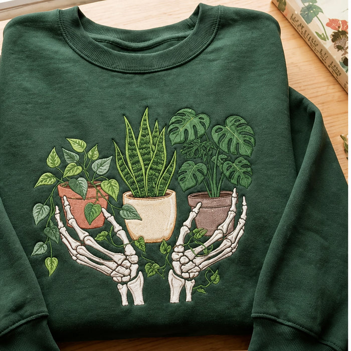 Personalized Skeleton Hands Holding Potted Plants Embroidered Sweatshirt