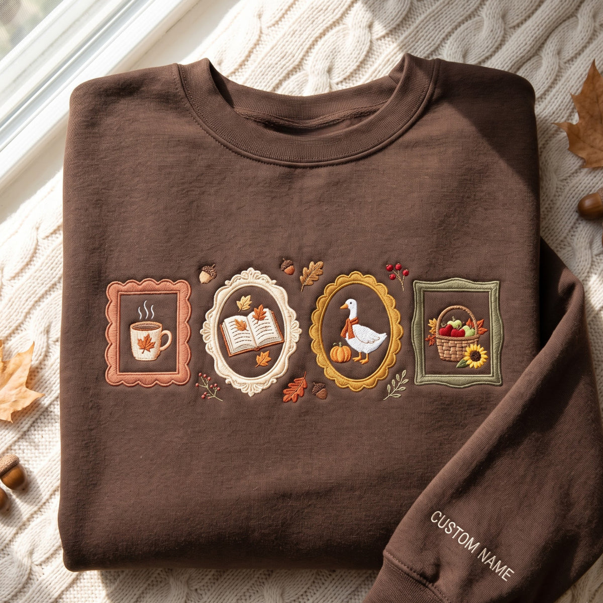 Personalized Fall Framed Goose Coffee Book Harvest Basket Autumn embroidered sweatshirt — front view