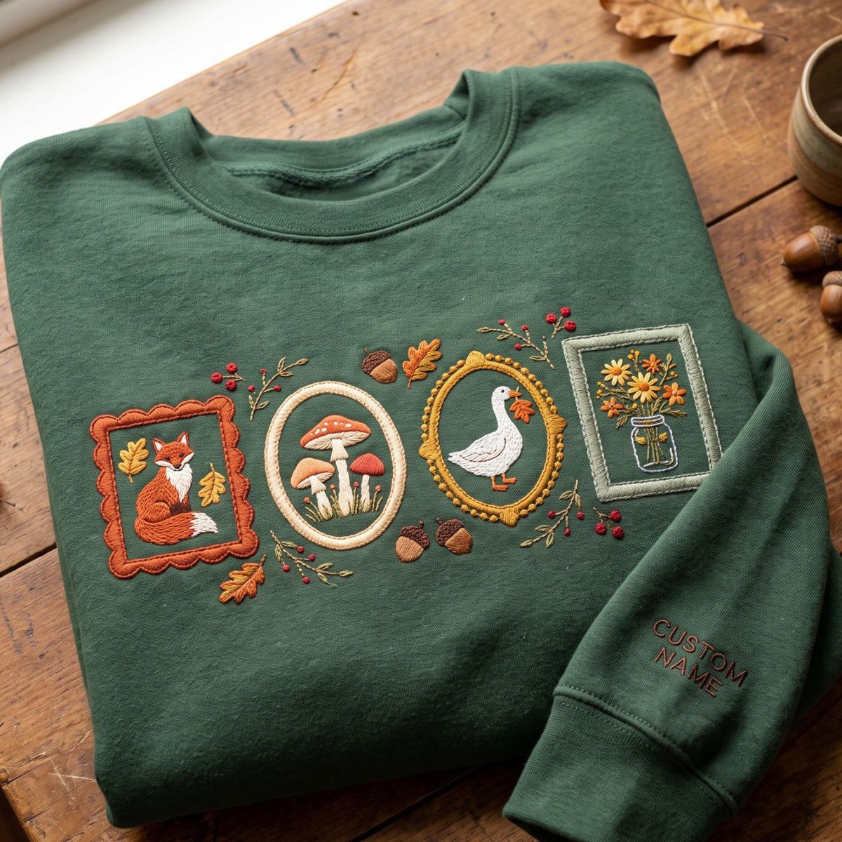 Personalized Fall Framed Fox Mushroom Goose Wildflower Jar Autumn embroidered sweatshirt — front view