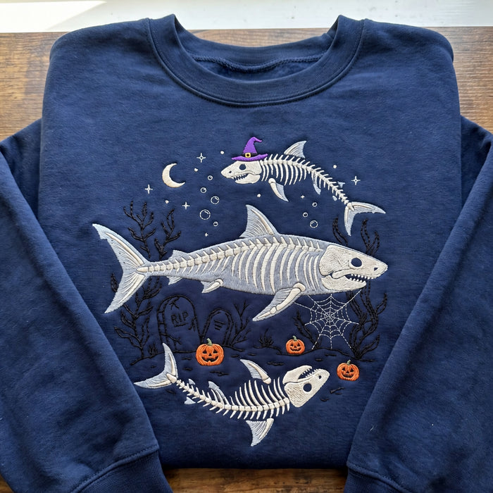 Personalized Halloween Skeleton Shark Witch Hat Pumpkin Graveyard Spiderweb Embroidered Sweatshirt