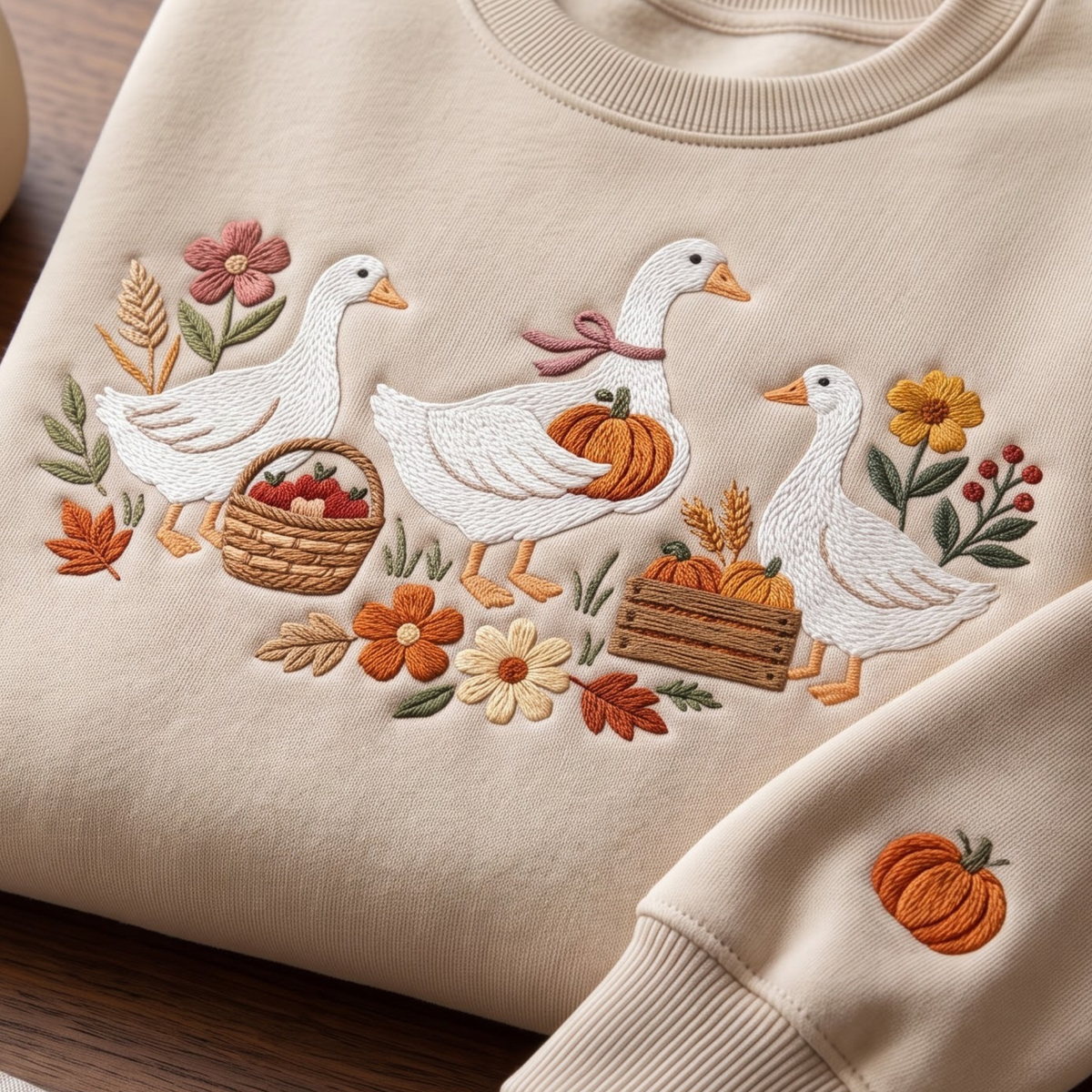 Fall Geese Trio Pumpkin Basket Floral Autumn Harvest embroidered sweatshirt — front view