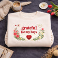 Grateful for My Boys Floral Heart Postmark embroidered sweatshirt — front view