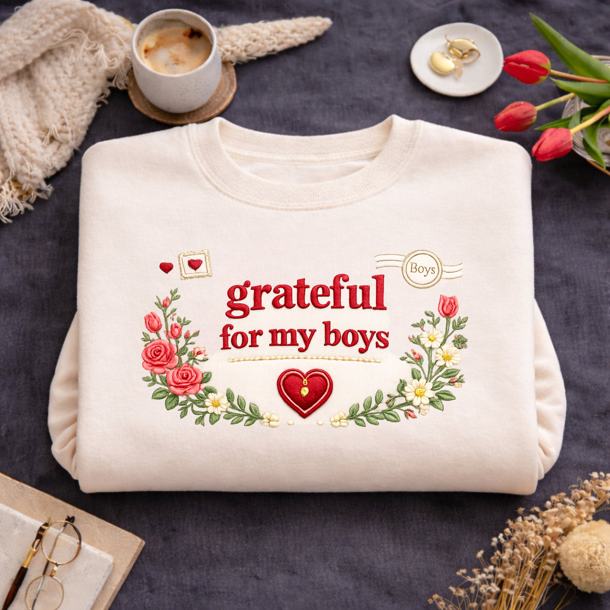 Grateful for My Boys Floral Heart Postmark embroidered sweatshirt — front view
