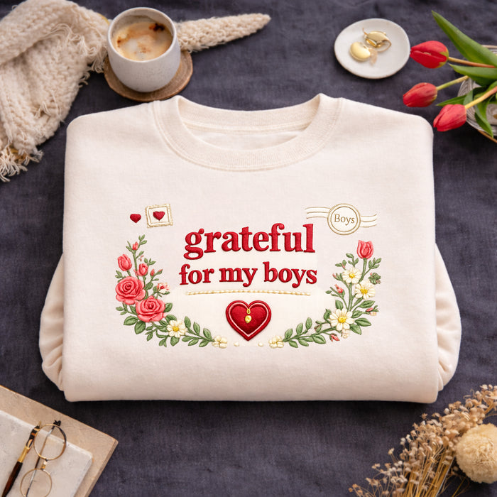 Grateful for My Boys Floral Heart Postmark Embroidered Sweatshirt